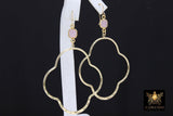 Gold Gemstone Clover Hoop Earrings, 14 K Gold Filled Fancy Hook Ear Wires #692, Gold Plated Hoops with Rose Quartz Pink Gemstone Earrings