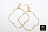 Gold Gemstone Clover Hoop Earrings, 14 K Gold Filled Fancy Hook Ear Wires #692, Gold Plated Hoops with Rose Quartz Pink Gemstone Earrings