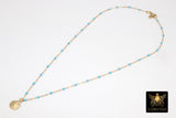 14 K Gold Filled Dainty Sand Dollar Satellite Necklace #2626, Dainty Enamel Beach Choker, 10 Beaded Enamel Color Choices