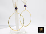 Gold Navy Blue Gemstone Hoop Earrings, 14 K Gold Filled Fancy Hook Ear Wires #692, Gold Plated Round Hoops with Sapphire Gemstone