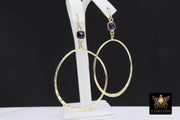 Gold Navy Blue Gemstone Hoop Earrings, 14 K Gold Filled Fancy Hook Ear Wires # 692, Gold Plated Round Hoops with Sapphire Gemstone
