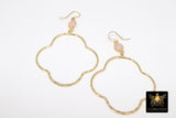 Gold Gemstone Clover Hoop Earrings, 14 K Gold Filled Fancy Hook Ear Wires #692, Gold Plated Hoops with Rose Quartz Pink Gemstone Earrings