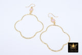 Gold Gemstone Clover Hoop Earrings, 14 K Gold Filled Fancy Hook Ear Wires #692, Gold Plated Hoops with Rose Quartz Pink Gemstone Earrings
