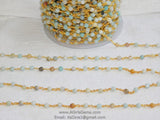 Natural Light Amazonite Rosary Chain, 4 mm Gold Wire Wrapped Chain CH # 354, By The Foot