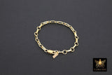 14 K Gold Filled Paperclip Chain Bracelet, Long Short Rolo Chain Link Bracelet, Rectangle Charm Stamped 14/20