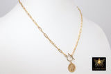 14 K Gold Filled Virgin Mary Necklace, Genuine 925 Sterling Silver Chain Religious Medal Choker, Double Wrap Paperclip Chain