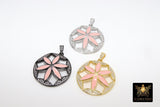 Pink Enamel Flower Pendant, CZ Micro Pave Round Disc MultiColor Pink/Black/Silver/Gold Large Charm Pendants - 33 x 42 mm