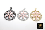 CZ Round Disc Enamel Flower Charm, Pink Cubic Zirconia Pendants