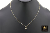 14 K Gold Filled Dainty Cross Satellite Necklace #2626, Dainty Enamel Everyday Choker, Beaded Enamel Chain Links