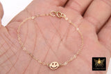 14 K Gold Filled Smiley Face Bracelet, 925 Sterling Silver Happy Face, Everyday Chain Jewelry