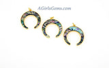 Double Horn Pendant, Gold Abalone Shell Moon Blue Shell Charm, Natural Boho Horn # 443