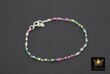 925 Sterling Silver Dainty Satellite Enamel Bracelet, Rainbow Beaded Silver Jewelry #2626, Stamped 925