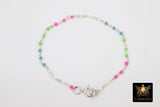925 Sterling Silver Dainty Satellite Enamel Bracelet, Rainbow Beaded Silver Jewelry #2626, Stamped 925