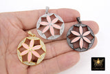 Pink Enamel Flower Pendant, CZ Micro Pave Round Disc MultiColor Pink/Black/Silver/Gold Large Charm Pendants - 33 x 42 mm