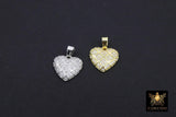 CZ Paved Gold Puff Heart Charm, 17 mm Silver Cubic Zirconia Heart Shaped Charm #160, Small CZ Heart Charms