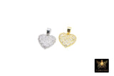 CZ Paved Gold Puff Heart Charm, 17 mm Silver Cubic Zirconia Heart Shaped Charm #160, Small CZ Heart Charms