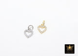 Gold or Silver CZ Heart Shaped Hollow Charms, Cubic Zirconia Heart Charms
