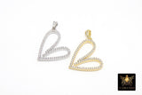 CZ Paved Gold Heart Charm, Silver Cubic Zirconia Heart Shape #171, CZ Bail and Heart Pendant