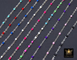 925 Sterling Silver Dainty Beaded Enamel Chain, Rainbow Satellite Jewelry CH# 800, By Foot Flat Cable
