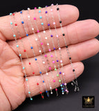 925 Sterling Silver Dainty Beaded Enamel Chain, Rainbow Satellite Jewelry CH #800, By Foot Flat Cable