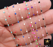 925 Sterling Silver Dainty Beaded Enamel Chain, Rainbow Satellite Jewelry CH #800, By Foot Flat Cable