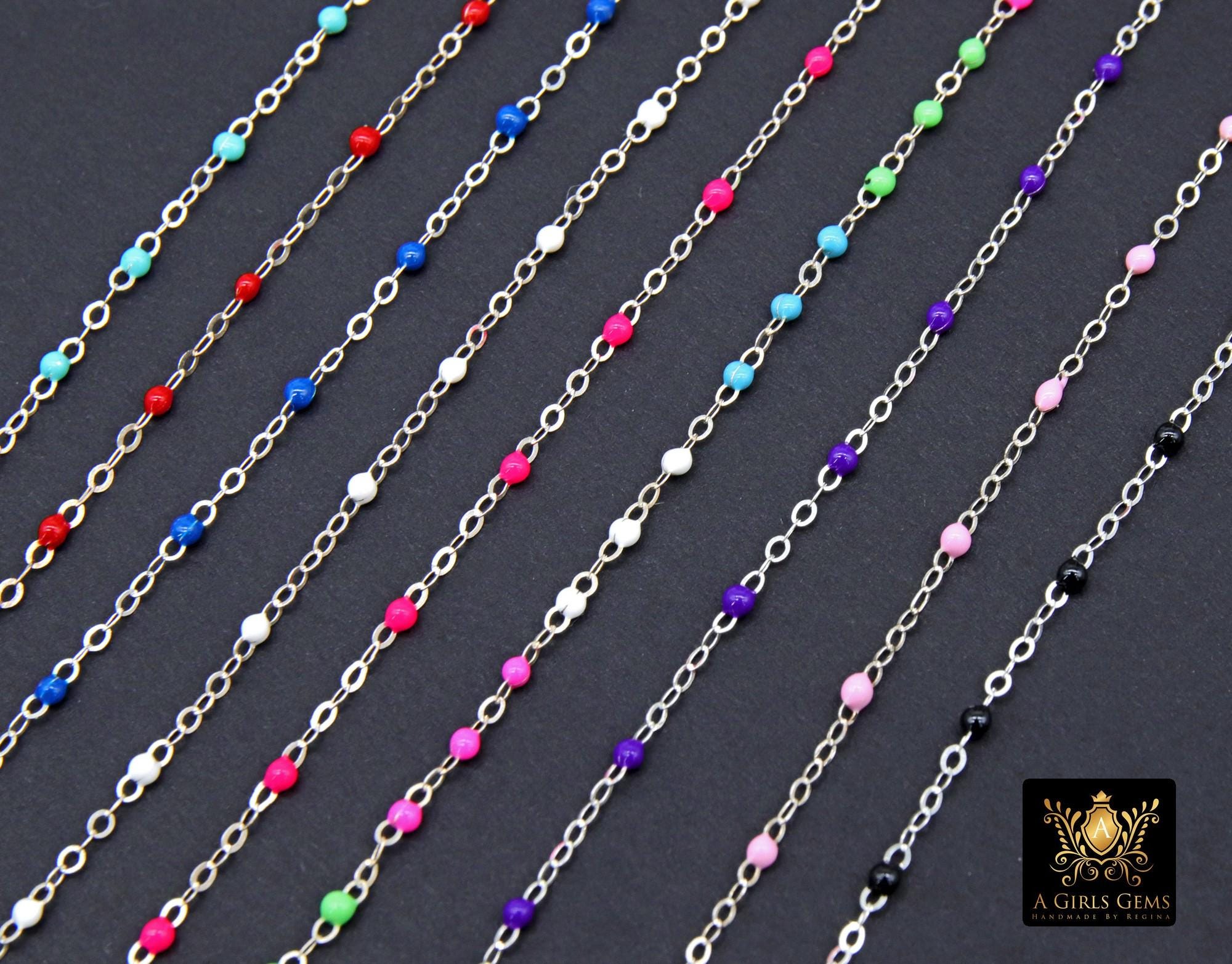 925 Sterling Silver Dainty Beaded Enamel Chain, Rainbow Satellite Jewelry CH #800, By Foot Flat Cable