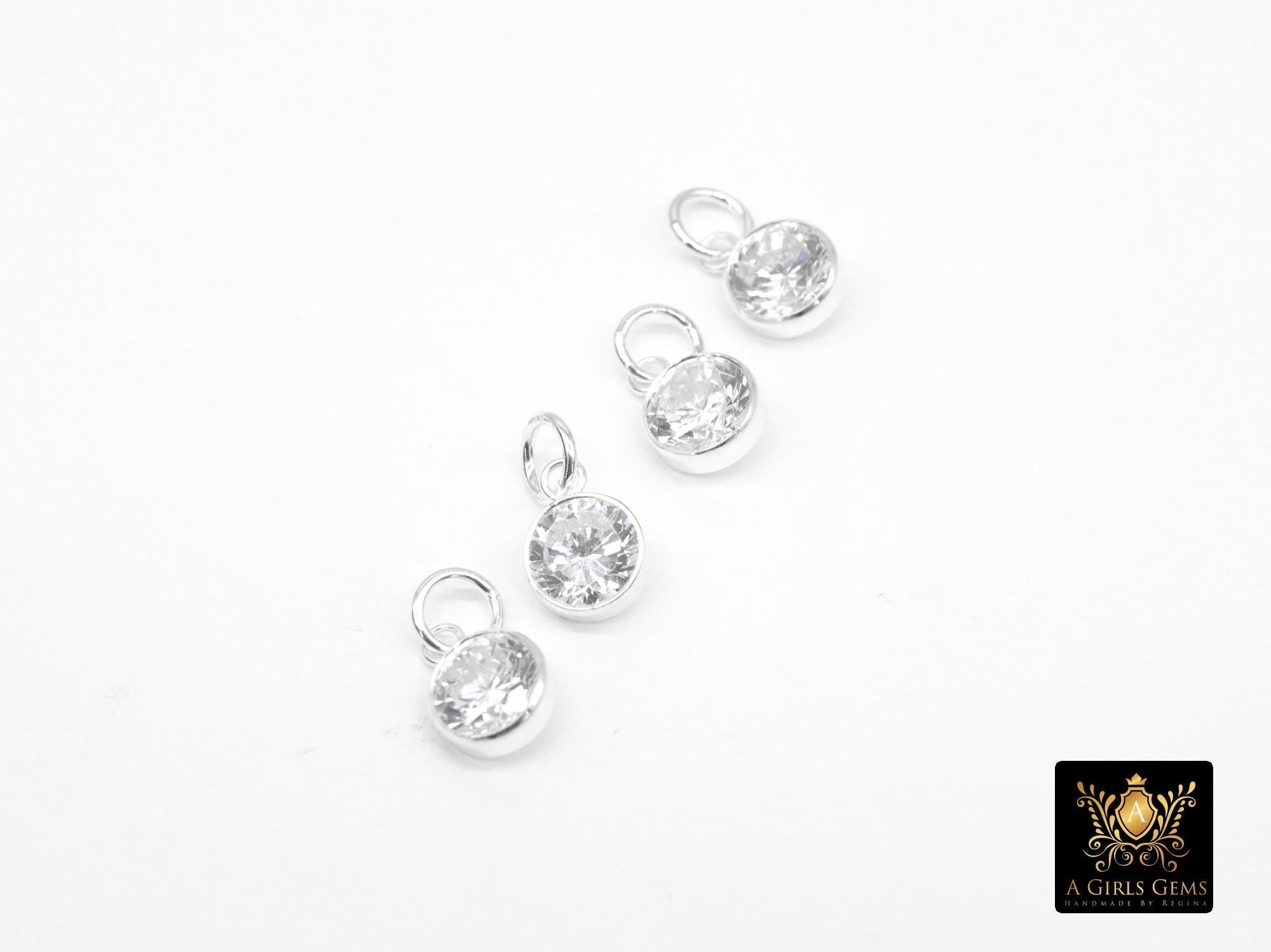 925 Sterling Silver CZ Charms, 6 mm Dangle CZ Charms # 3593, Round Cubic Zirconia Charms