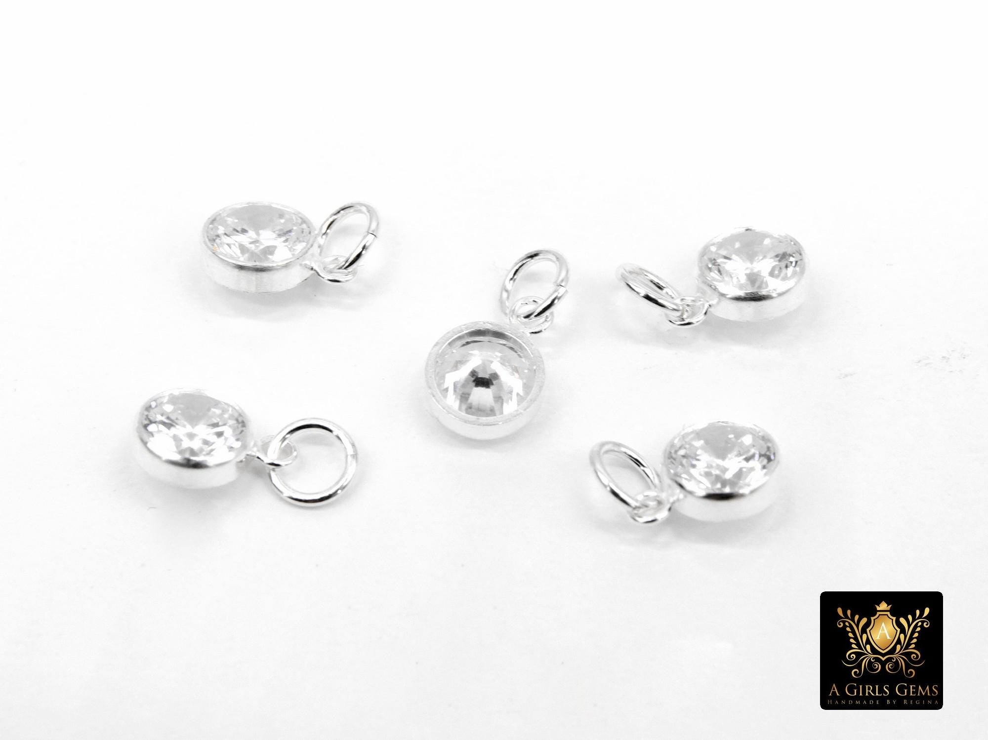 925 Sterling Silver CZ Charms, 6 mm Dangle CZ Charms # 3593, Round Cubic Zirconia Charms