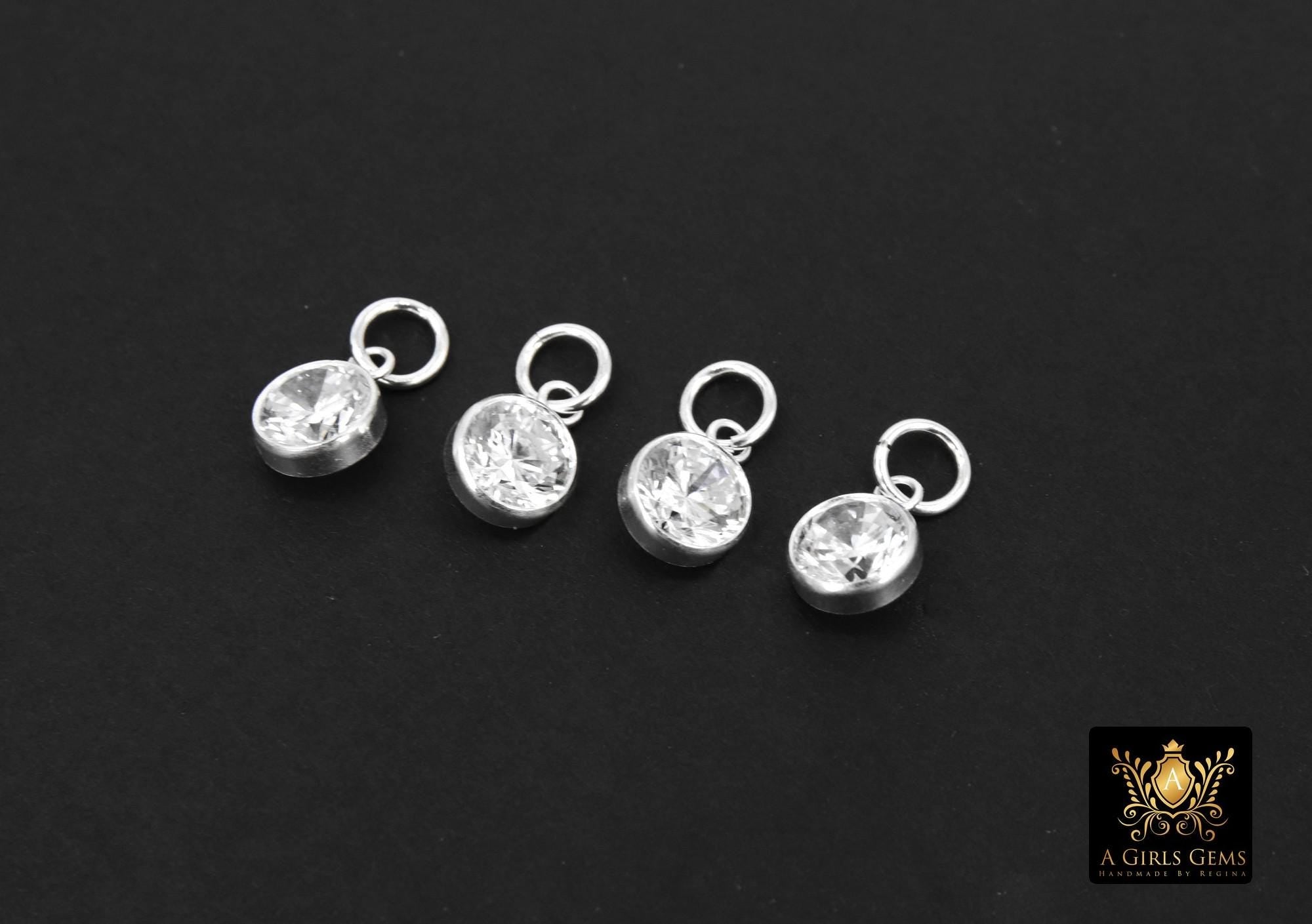 925 Sterling Silver CZ Charms, 6 mm Dangle CZ Charms # 3593, Round Cubic Zirconia Charms