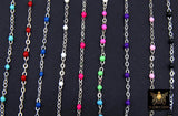 925 Sterling Silver Dainty Beaded Enamel Chain, Rainbow Satellite Jewelry CH #800, By Foot Flat Cable