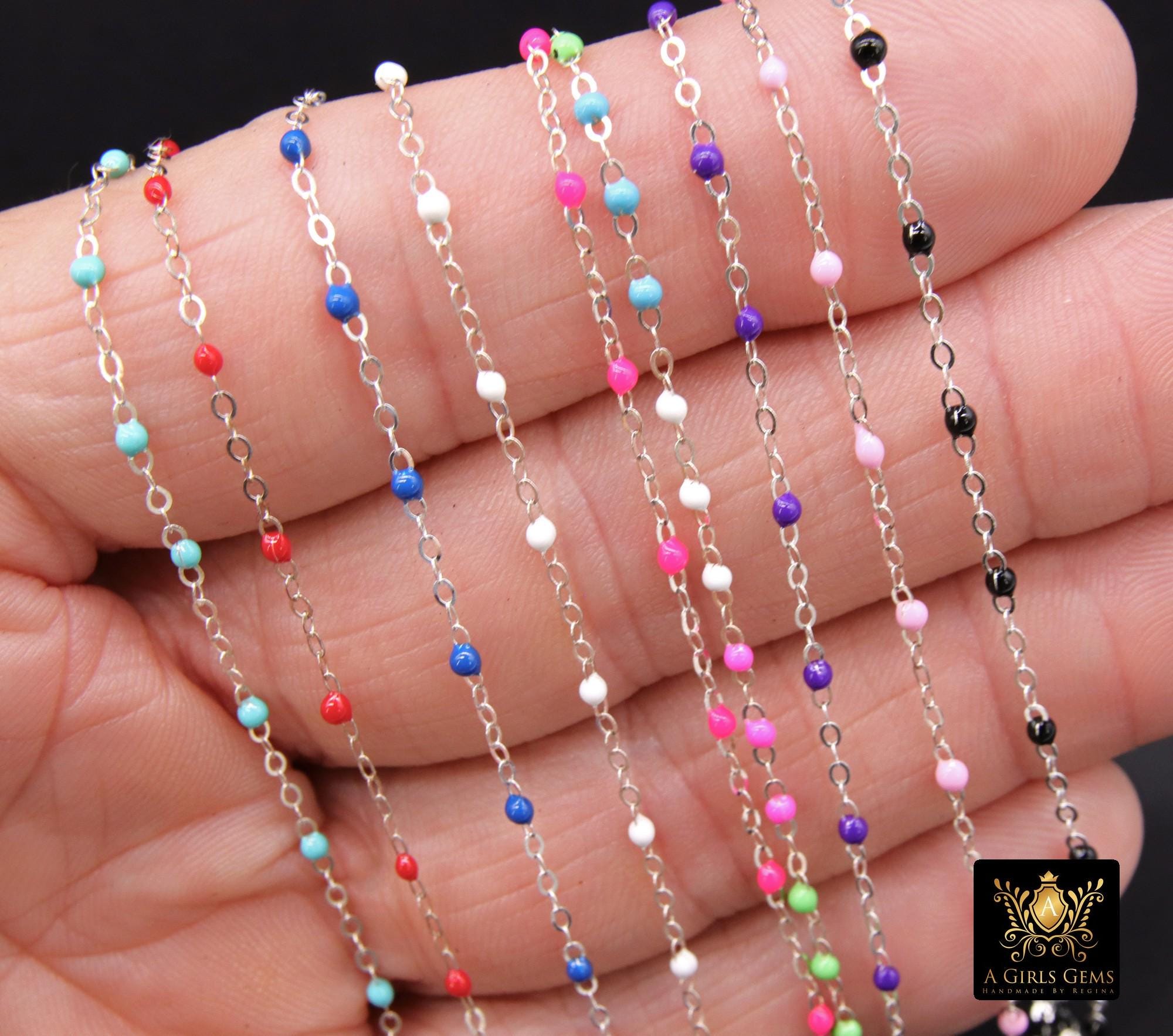 925 Sterling Silver Dainty Beaded Enamel Chain, Rainbow Satellite Jewelry CH #800, By Foot Flat Cable