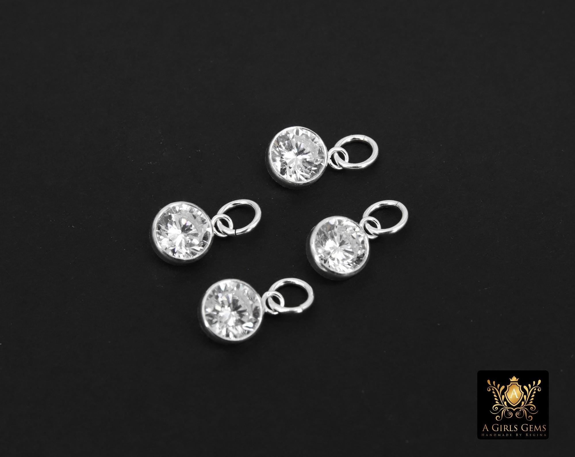 925 Sterling Silver CZ Charms, 6 mm Dangle CZ Charms # 3593, Round Cubic Zirconia Charms