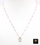925 Sterling Silver Enamel Satellite Chain Necklace, Silver Beaded Dainty Choker, Front Charm Clasp Choker