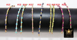 A collection of beaded bracelets in various colors, including turquoise, pink, and purple, with gold-colored beads. Each bracelet is strung on a gold-colored wire.