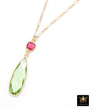 14 K Gold Filled Gemstone Necklace, Green Amethyst and Pink Tourmaline Gemstone Necklace, Long Short Chain Necklace