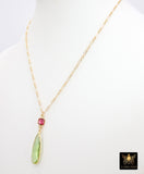 14 K Gold Filled Gemstone Necklace, Green Amethyst and Pink Tourmaline Gemstone Necklace, Long Short Chain Necklace