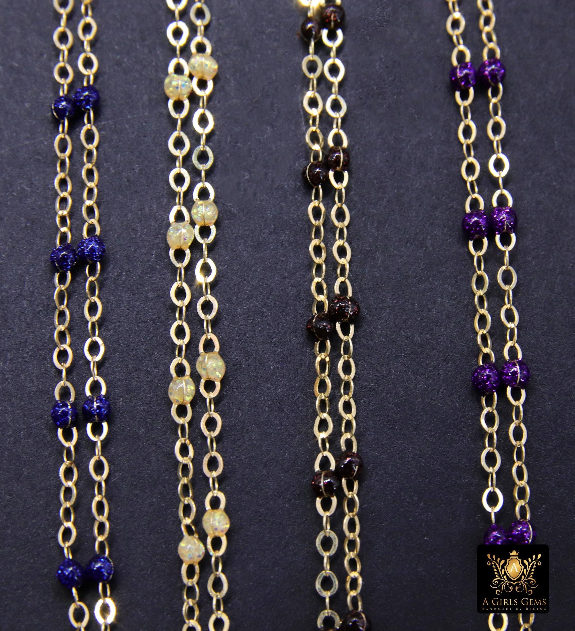 14 K Gold Filled Dainty Beaded Purple Satellite Chain, Bead Chain Jewelry CH# 921, By The Foot Cable Chain