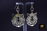 Gold Tiger Head Earrings, 14 K Gold Filled Hook Ear Wires AG# 2405, Purple Dangle LSU Gameday Jewelry