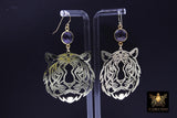 Gold Tiger Head Earrings, 14 K Gold Filled Hook Ear Wires AG# 2405, Purple Dangle LSU Gameday Jewelry