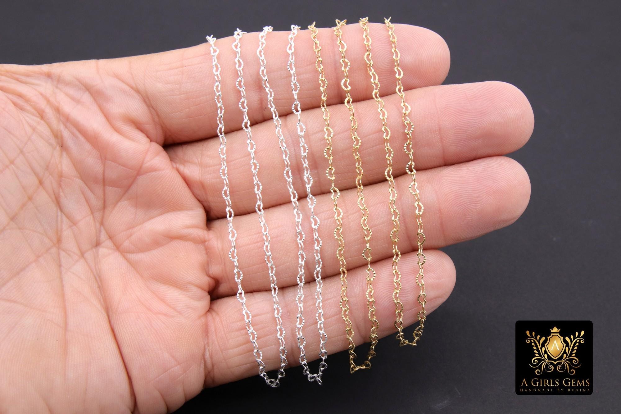 14 K Gold Filled Textured Heart Chains, 3.2 mm 925 Sterling Silver, Hammered Heart Shaped, Unfinished Chain By The Foot or Yard