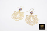 Gold Tiger Head Earrings, 14 K Gold Filled Hook Ear Wires AG# 2405, Purple Dangle LSU Gameday Jewelry