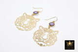 Gold Tiger Head Earrings, 14 K Gold Filled Hook Ear Wires AG# 2405, Purple Dangle LSU Gameday Jewelry