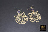 Gold Tiger Head Earrings, 14 K Gold Filled Hook Ear Wires AG# 2405, Purple Dangle LSU Gameday Jewelry