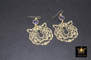 Gold Tiger Head Earrings, 14 K Gold Filled Hook Ear Wires AG# 2405, Purple Dangle LSU Gameday Jewelry