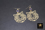 Gold Tiger Head Earrings, 14 K Gold Filled Hook Ear Wires AG# 3405, Purple Dangle LSU Gameday Jewelry