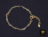 14 K Gold Filled Paperclip Initial CZ Chain Bracelet, Birthstone Charm Bracelet, Adjustable