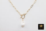 14 K Gold Filled Large Pearl Necklace, Genuine 14 K Gold Filled Paperclip Chain Necklace, Baroque Pearls Paperclip Oval Chain