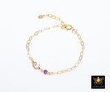 14 K Gold Filled Paperclip Initial CZ Chain Bracelet, Birthstone Charm Bracelet, Adjustable, Stamped 14 20, Minimalist Letter Bracelet