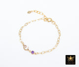 14 K Gold Filled Initial Bracelet, CZ Birthstone Charm Bracelet, Adjustable