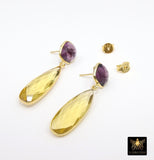 Purple Amethyst and Citrine Stud Earrings, Gold Over 925 Silver Teardrop Yellow Gemstone, LSU Jewelry